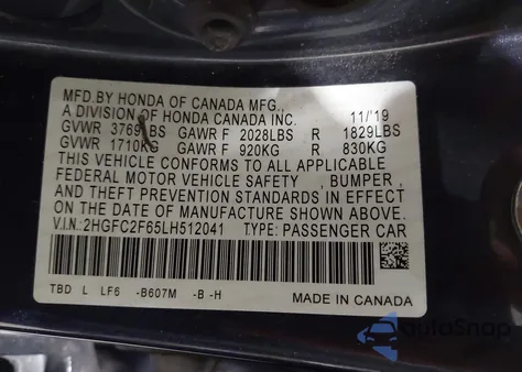 2020 Honda Civic Lx из США, поврежденный, VIN 2HGFC2F65LH512041